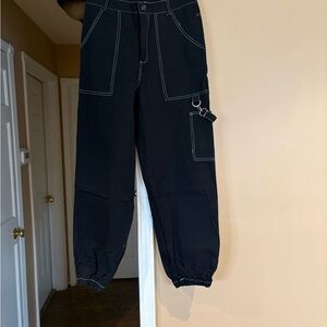 Fashion Nova Black Cargo Drawstring Hem Pants with Contrast Stitching